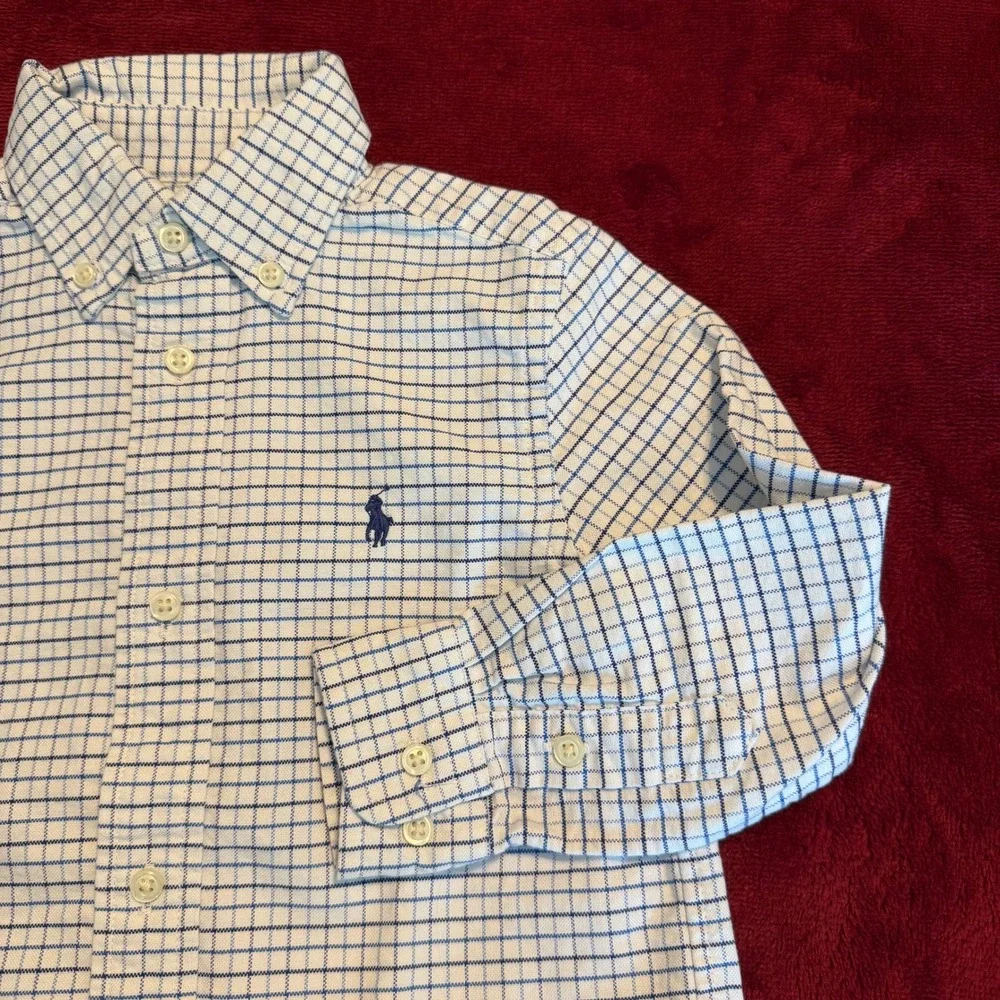 Ralph Lauren Boys 3T Blue‎ White Grid Check Long Sleeve Button Down Shirt Cotton